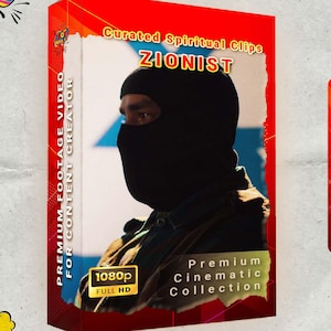 Puede incluir: Una caja roja y blanca con el texto "ZIONIST" y "Curated Spiritual Clips". La caja presenta a una persona con un pasamontañas negro. El texto adicional incluye "Premium Footage Video for Content Creator" y "Premium Cinematic Collection."