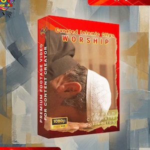 May include: A red box with the text "Curated Islamic Clips WORSHIP" and "Premium Footage Video for Content Creator." The box also has the text "1080p FULL HD" and "Premium Cinematic Collection."