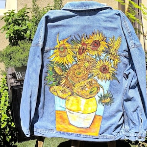 Hand-Painted Sunflowers Jacket, Van Gogh Art Denim Jacket, Custom Wearable Art, Unique Artistic Gift for Art Lover