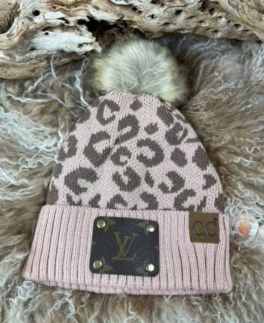 Upcycled LV Leopard Print Beanie with Pom Pom