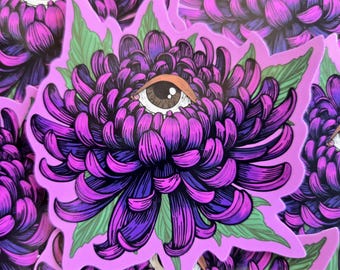 Pegatina de vinilo con diseño gótico floral de ojo de crisantemo en flor vigilante.