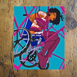 May include: Illustration of a person in a wheelchair, bound with pink rope. The person has dark hair and is wearing a maroon outfit. The words "EVERY ROPE BODY" are written on the person's body. The background is a light blue.