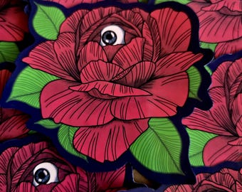 Pegatina de arte floral gótico con rosa de ojo en flor vigilante