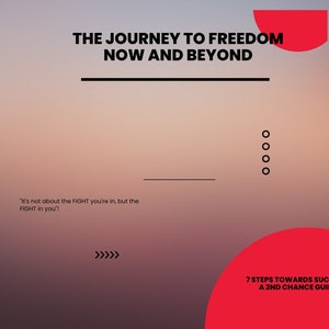Könnte beinhalten: Ein Motivationsposter mit einem roten und weißen Farbschema. Der Text lautet "The Journey to Freedom Now and Beyond." Das Poster enthält auch den Text "7 Steps Towards Success: A 2nd Chance Guide" und "It's not about the FIGHT you're in, but the FIGHT in you!"
