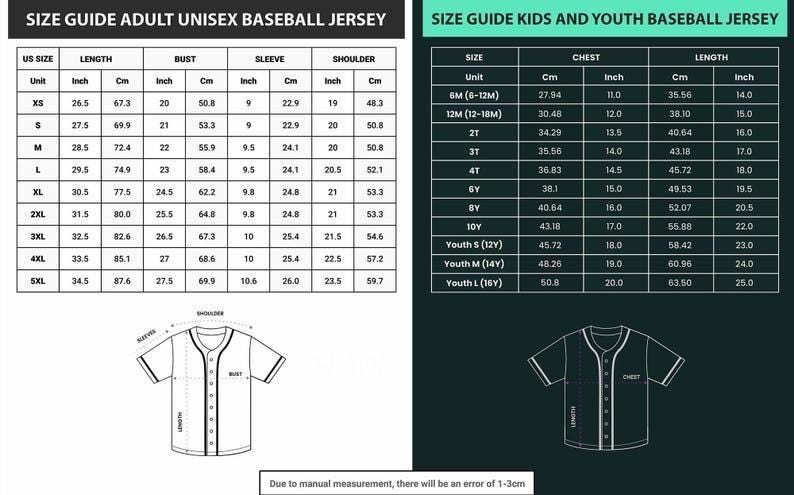 Pu&ograve; includere: Guida alle taglie per maglie da baseball unisex per adulti e bambini/ragazzi. Include misure in pollici e centimetri per lunghezza, busto, manica e spalla. Con diagrammi delle maglie.