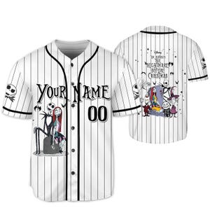 May include: White baseball jersey with black pinstripes, featuring characters from "The Nightmare Before Christmas." The front displays "Your Name" and the number "00." The back showcases a group of characters and the movie title.