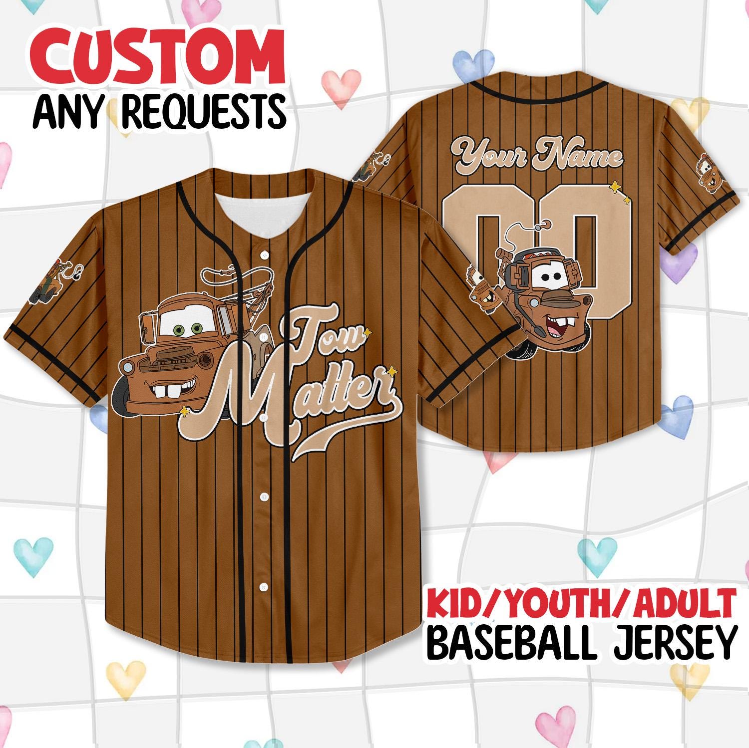 Discover Personalized Disney Tow Mater Pixar Cars Baseball Jersey, Custom Disney Cars Tow Mater Jersey Shirt, Disney Cars Birthday Gift