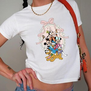 Watercolor Coquette Bow Mickey and Friends Disneyworld Trip Baby Tee Croptop, Disney Vacation Shirt, Disney Family 2025 Trip Women Tshirt