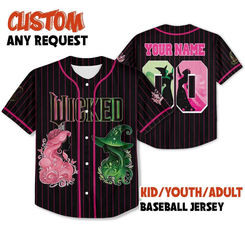 Pu&ograve; includere: Maglia da baseball nera con gessati rosa, con la scritta "WICKED" in verde e rosa. La parte anteriore mostra sagome rosa e verdi. Il retro ha "YOUR NAME" e un numero. Il testo recita "CUSTOM ANY REQUEST" e "KID/YOUTH/ADULT BASEBALL JERSEY."
