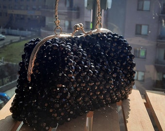 Sac perlé en cristal noir Sac en cristal noir pour mariage, sac à main de mariée, pochette de soirée, sac à bandoulière fait main pour femme, bijoux de luxe, fausse perle