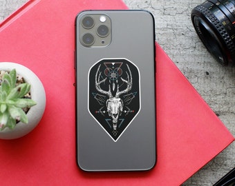 Pegatina de calavera de Jackalope, calcomanía de arte críptico de fantasía