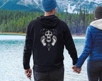 Bigfoot Zip Hooded Sweatshirt, Cryptozoology Sweatshirt, Bigfoot Sweatshirt, Crytid Gift, Skull Shirt, Monster Shirt, Cool Hiking Clothing