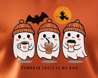 Sudadera de cuello redondo Cozy Ghost para Halloween, color calabaza especiada