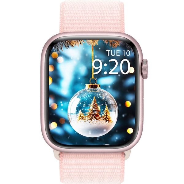Papier peint de Noël pour Apple Watch, boule de Noël en verre avec des arbres, cadran esthétique pour Apple Watch, arrière-plan de montre de Noël