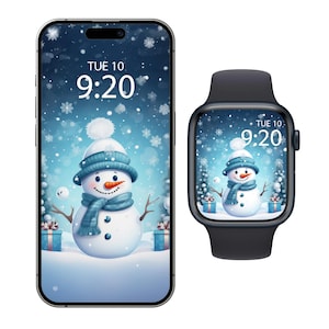 Sfondo pupazzo di neve per iPhone e Apple Watch, simpatico pupazzo di neve di Natale, sfondo natalizio per Watch, quadrante invernale per Apple Watch, salvaschermo