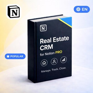 Puede incluir: Un libro negro titulado "Real Estate CRM for Notion PRO" con el logotipo de Notion. El libro tiene un acento azul y amarillo en el borde superior. Se ven iconos y texto adicionales, junto con una insignia "Popular".