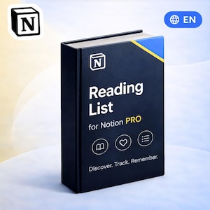 Puede incluir: Un libro azul oscuro con el texto "Reading List for Notion PRO" en blanco. Tiene un acento azul y amarillo en el borde superior e iconos. El logotipo de Notion es visible. También se ve el texto "Discover. Track. Remember.".