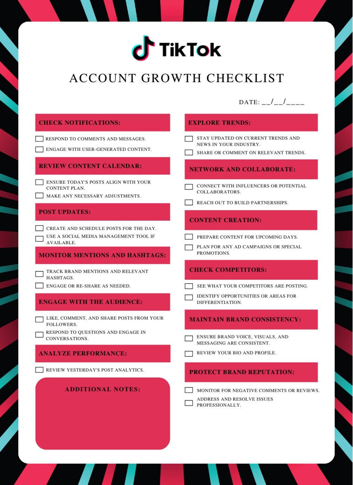 Digital and Editable Tiktok Daily Growth Checklist Tiktok Planner