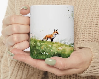 Fox Mug, Summer Coffee Mug, Fall Coffee Mug, Autumn Coffee Mug, Gift, Fox Illustration, Animal Keepsake, Fox Flower Tea Mug, Cottagecore Mug