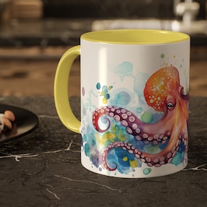 Yellow Octopus Ceramic Mug, Octopus Gift, Octopus Coffee Cup, Ocean Gift, Farmhouse Kitchen Mug, Octopus Illustration, Animal Keepsake