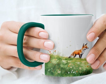 Green Fox Mug, Fall Coffee Mug, Autumn Coffee Mug, Gift, Fox Illustration, Animal Keepsake, Fox Flower Tea Mug, Cottagecore Mug