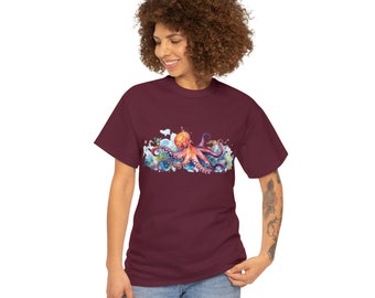 May include: A maroon t-shirt featuring a watercolour design of an octopus with colourful tentacles surrounded by blue and white water droplets.