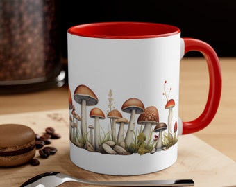 Red Mushroom Illustration Ceramic Mug, Mushroom Mug, Mushrooms Floral Boho Cottagecore Coffee Mug Witchy Nature Lover Mug, Mushroom Tea Cup