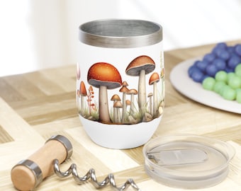 Lindo vaso de vino frío de champiñones ilustrado, vaso de champiñones, copa de champiñones, copa de forrajeo de hongos, copa de vino hippie boho cottagecore de la naturaleza