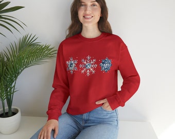 Red Winter Snowflake Crewneck Sweatshirt, Snow Cotton Sweatshirt, Snowflake Sweater, Winter Sweatshirt, Winter Holiday Gift Christmas Gift
