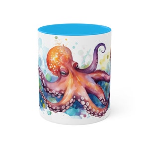 Light Blue Octopus Ceramic Mug, Octopus Gift, Octopus Coffee Cup, Ocean Gift, Farmhouse Kitchen Mug, Octopus Illustration, Animal Keepsake