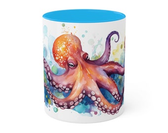 Light Blue Octopus Ceramic Mug, Octopus Gift, Octopus Coffee Cup, Ocean Gift, Farmhouse Kitchen Mug, Octopus Illustration, Animal Keepsake