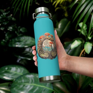 Kleine Pilzwelt Teal Blau Thermosflasche, Mikro Landschaft Cottagecore Goblincore Fairycore Flasche, Pilz Trinkflasche