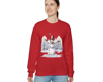 Hochrotes Sweatshirt mit Rundhalsausschnitt Glücklicher Schneemann im Feld Sweatshirt , Schneemann Sweatshirt, Schneemann Pullover, Winter Sweatshirt, Winter Pullover
