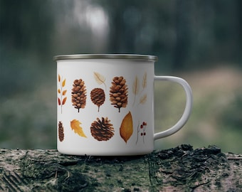 Tazza da caffè smaltata con foglie autunnali, Illustrazione Foglie autunnali, Tazza del Ringraziamento, Tazza da caffè autunnale, Tazza autunnale accogliente, Tazza smaltata con pigna
