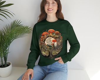 Tiny Mushroom World Moss Green Crewneck Sweatshirt, Micro Landscape Cottagecore Goblincore Fairycore Fairy Scene Fungi Sweater Streetwear
