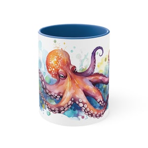 Blue Octopus Ceramic Mug, Octopus Gift, Octopus Coffee Cup, Ocean Gift, Farmhouse Kitchen Mug, Octopus Illustration, Animal Keepsake