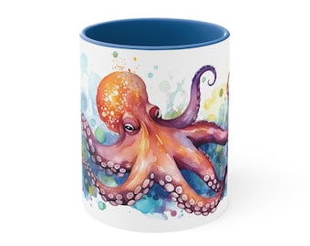 Blue Octopus Ceramic Mug, Octopus Gift, Octopus Coffee Cup, Ocean Gift, Farmhouse Kitchen Mug, Octopus Illustration, Animal Keepsake