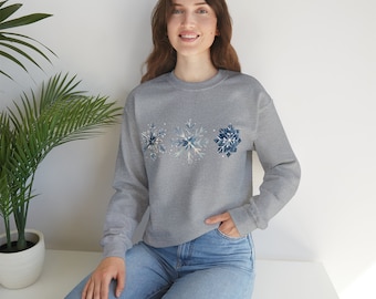 Felpa girocollo grigia con fiocco di neve invernale, felpa in cotone con neve, maglione con fiocco di neve, felpa invernale, regalo per le vacanze invernali, regalo di Natale