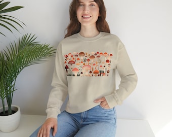 Oatmeal White Geometric Mushroom Design Sweatshirt, Mushroom Sweater, Cute Fungus Sweatshirt Foraging Camping Hiking Nature Outerwear Gift