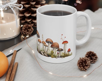 Cute Mushroom Illustration Ceramic Mug, Mushroom Mug, Mushrooms Floral Boho Cottagecore Coffee Mug Witchy Nature Lover Mug, Mushroom Tea Cup