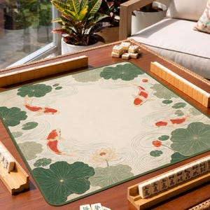 Koi Lotus Mahjong Mat, Water Resistant Mahjong Table Mat, Non Slip Game Mat, Chinese Style Mahjong Mat, 31.5 or 33 Inch
