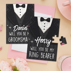 Gepersonaliseerde stalknecht puzzelkaart, voorstel Will You Be My Groomsman, aangepaste Ask ringbearer-uitnodigingskaarten, stalknecht puzzelcadeau