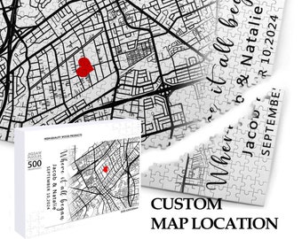 Quebra-cabeça de mapa personalizado, quebra-cabeça "Onde tudo começou", quebra-cabeça de mapa de localização de casal personalizado, presente de aniversário, presente de noivado, presente para namorado