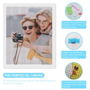 May include: Two friends take a selfie with a camera. The image is a diamond painting kit with a pre-painted canvas, tools, and bags of diamonds labeled with numbers.