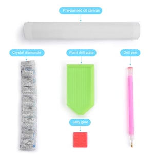 May include: Diamond painting kit with a pre-painted canvas, crystal diamonds, a drill pen, a point drill plate, and jelly glue.