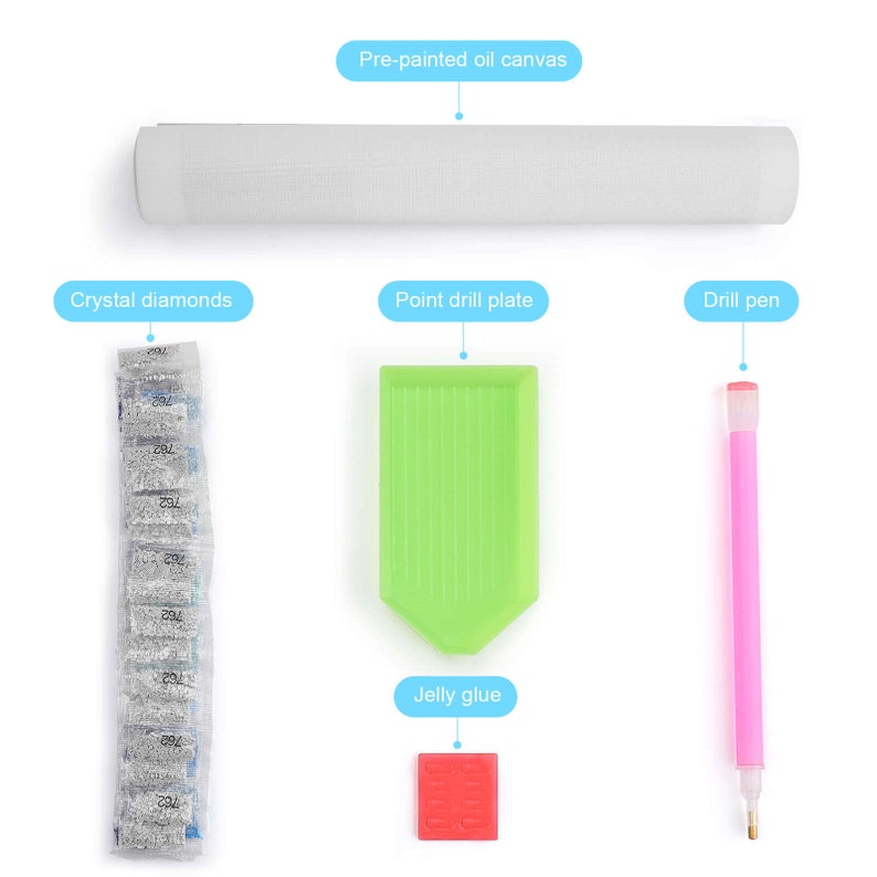 May include: Diamond painting kit with a pre-painted canvas, crystal diamonds, a drill pen, a point drill plate, and jelly glue.