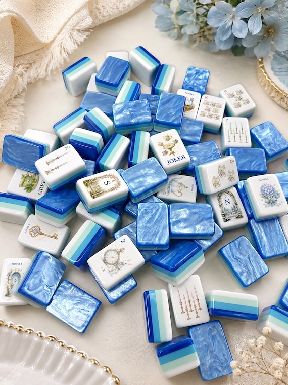Wonderland Tea Party Mahjong Set, Blue Pearl American Mahjong Tiles, 160 Mahjong tiles,Acrylic Mahjong Game, Luxury Gift for Mahjong Lovers