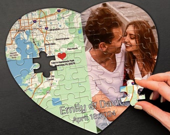 Personalized Map Jigsaw Puzzle,Unique Location with Photo Gift,Anniversary Love Heart  Map Puzzle,Engaged Gift,Couple Gift,Gift for Him