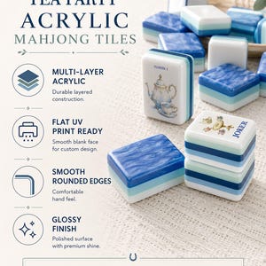 K&ouml;nnte beinhalten: Mehrschichtige Acryl-Mahjong-Steine mit blau-wei&szlig;en Farbverl&auml;ufen. Die Steine zeigen Teeparty-Grafiken, darunter eine Teekanne und eine Teetasse, mit dem Text Flower 1 und Joker. Jeder Stein misst 31 mm x 23 mm x 15 mm.