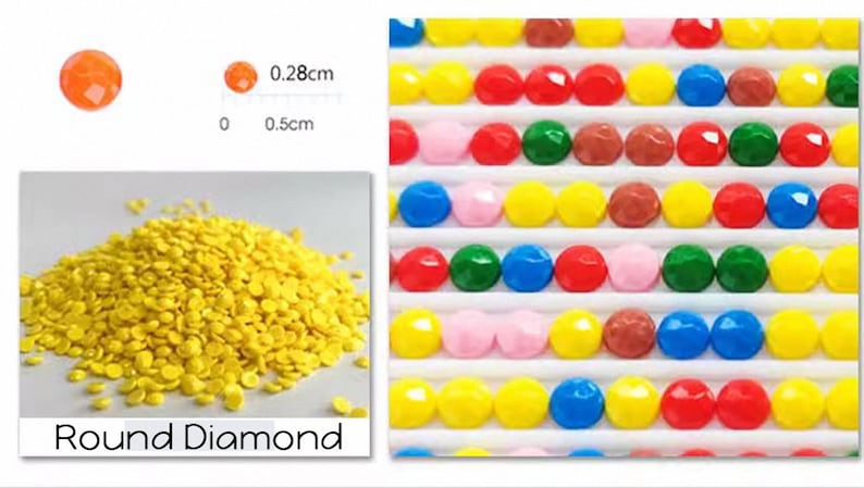 May include: Close-up of round, yellow diamond-shaped beads for diamond painting. The beads are approximately 0.28 cm in diameter. The image also shows a close-up of a finished diamond painting with colorful round beads.